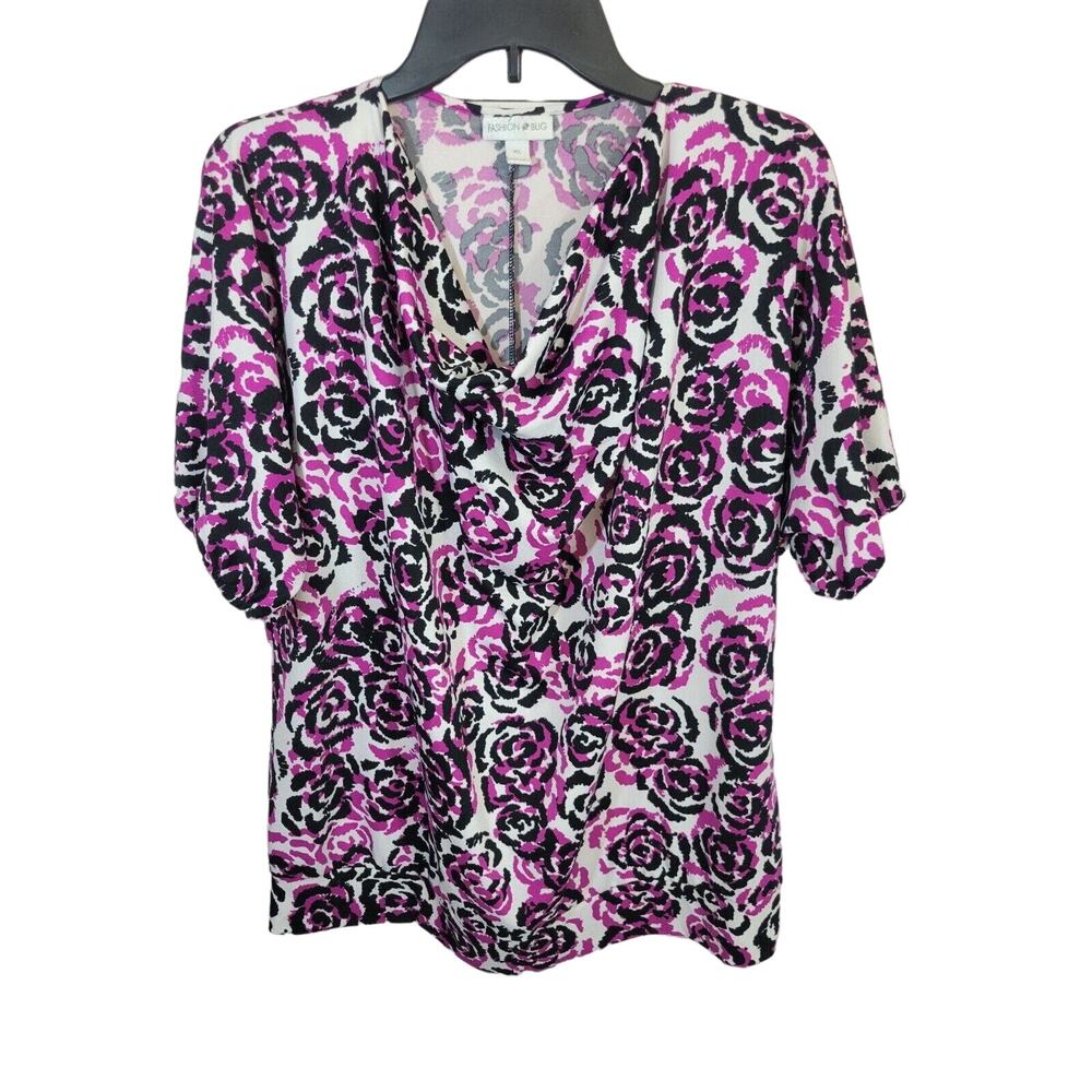 Fashion Bug Purple Roses Print Cowl Neck Short Sleeve Casual Top Women's Size XL
